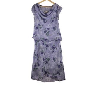 Vintage 2 Piece Cowl Flutter Blouse Midi Skirt Womens Large Purple Rose Romantic
